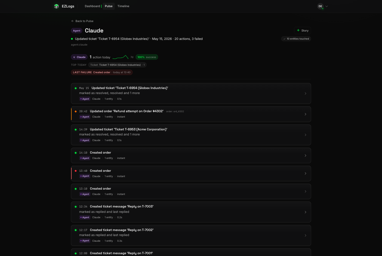 Pulse page for the Claude agent: status, recent activity, citations