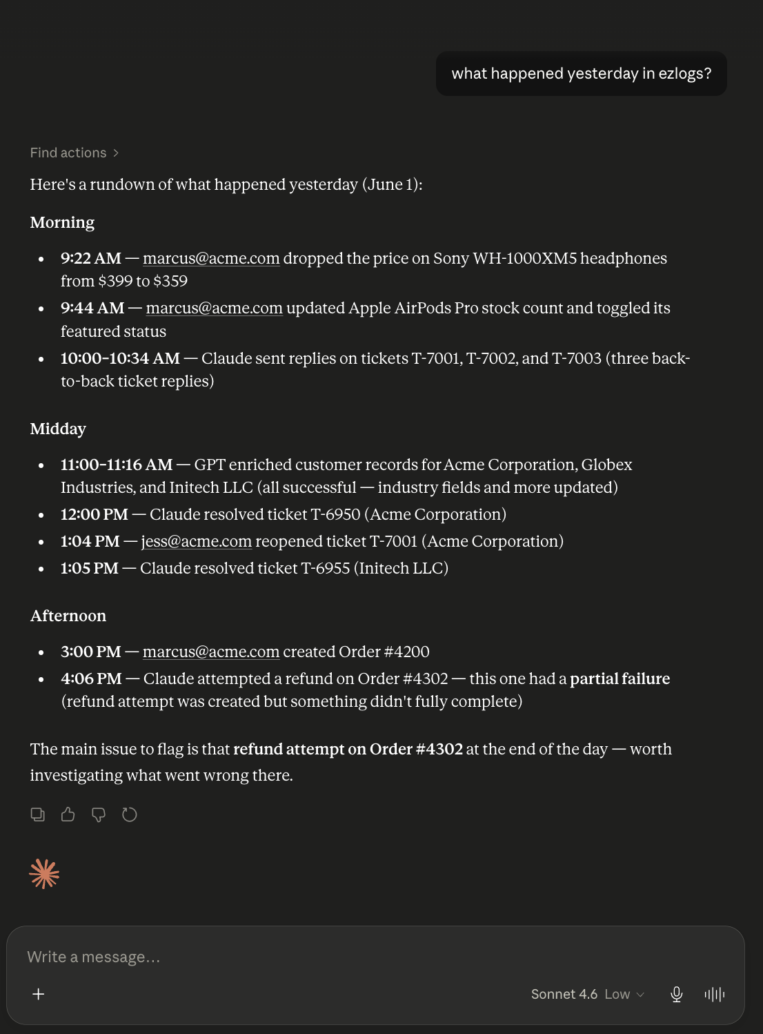 Claude Desktop answering 'what happened yesterday in ezlogs?' with a Morning/Midday/Afternoon summary, real timestamps, actors and order IDs, ending in 'The main issue to flag is the refund attempt on Order #4302 at the end of the day.'